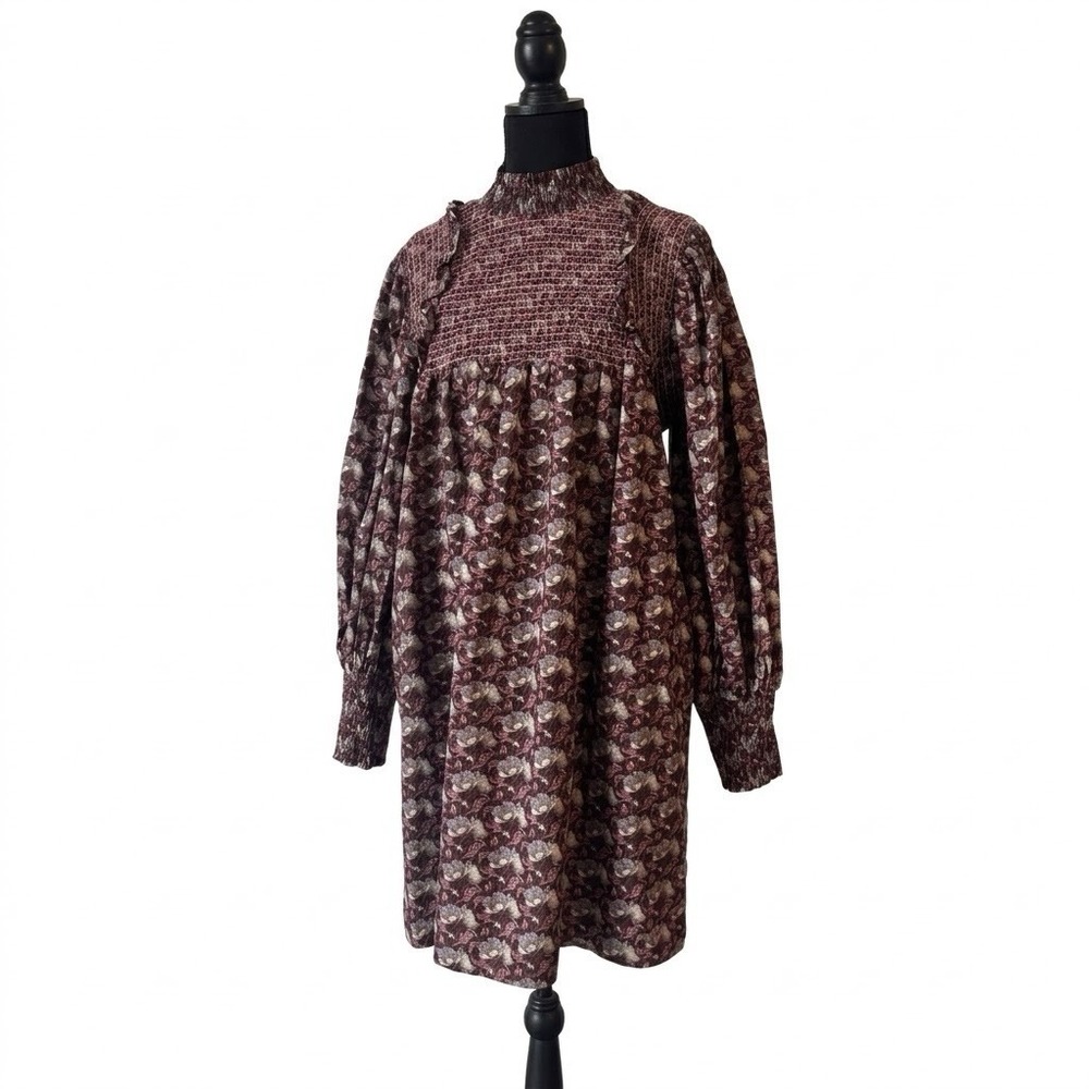 Aureum Floral Print Dress Peasant Smocked Long Sleeve Brown Cottagecore Size S